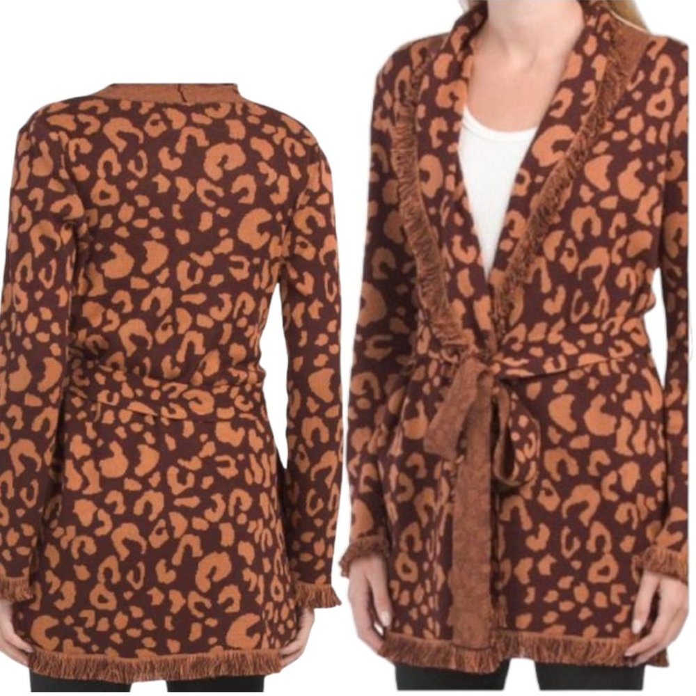 525 Leopard Print Tie front Fringe Cardigan